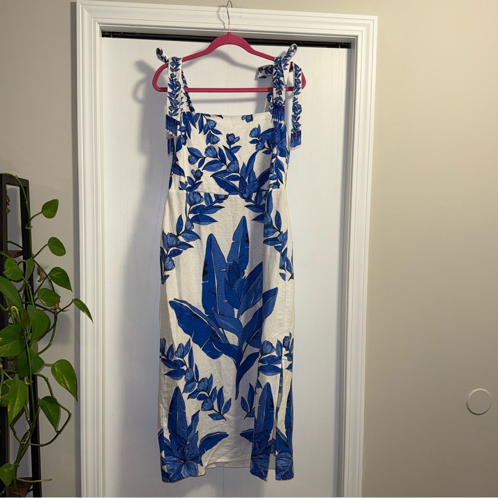 CALYPSO ST. BARTH Resortwear Beach Linen Blend Tropical Dress Blue/White - Picture 6 of 16